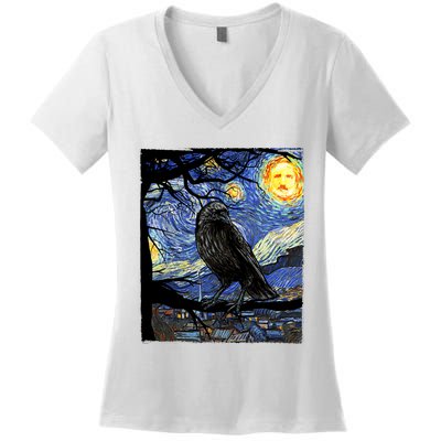 Raven Art Starry Night Edgar Allan Poe Raven Poe Women's V-Neck T-Shirt