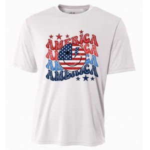 Retro America Smile Face Patriotic 4th Of July Design Cooling Performance Crew T-Shirt