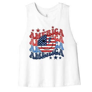 Retro America Smile Face Patriotic 4th Of July Design Women's Racerback Cropped Tank