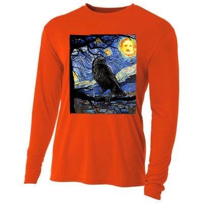 Raven Art Starry Night With Edgar Allan Poe Raven Poe Cooling Performance Long Sleeve Crew