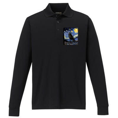 Raven Art Starry Night With Edgar Allan Poe Raven Poe Performance Long Sleeve Polo