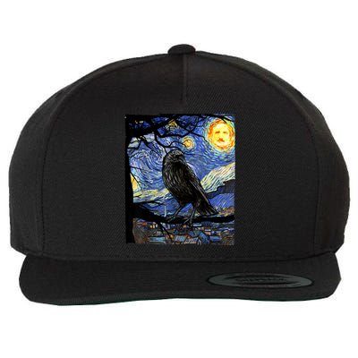 Raven Art Starry Night With Edgar Allan Poe Raven Poe Wool Snapback Cap