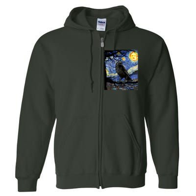 Raven Art Starry Night With Edgar Allan Poe Raven Poe Full Zip Hoodie