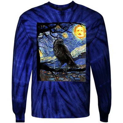 Raven Art Starry Night With Edgar Allan Poe Raven Poe Tie-Dye Long Sleeve Shirt