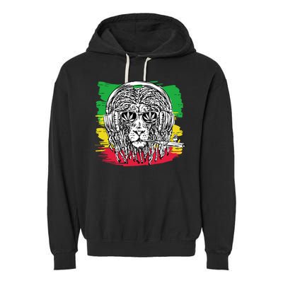 Rasta Lion With Glasses Smoking A Joint Garment-Dyed Fleece Hoodie