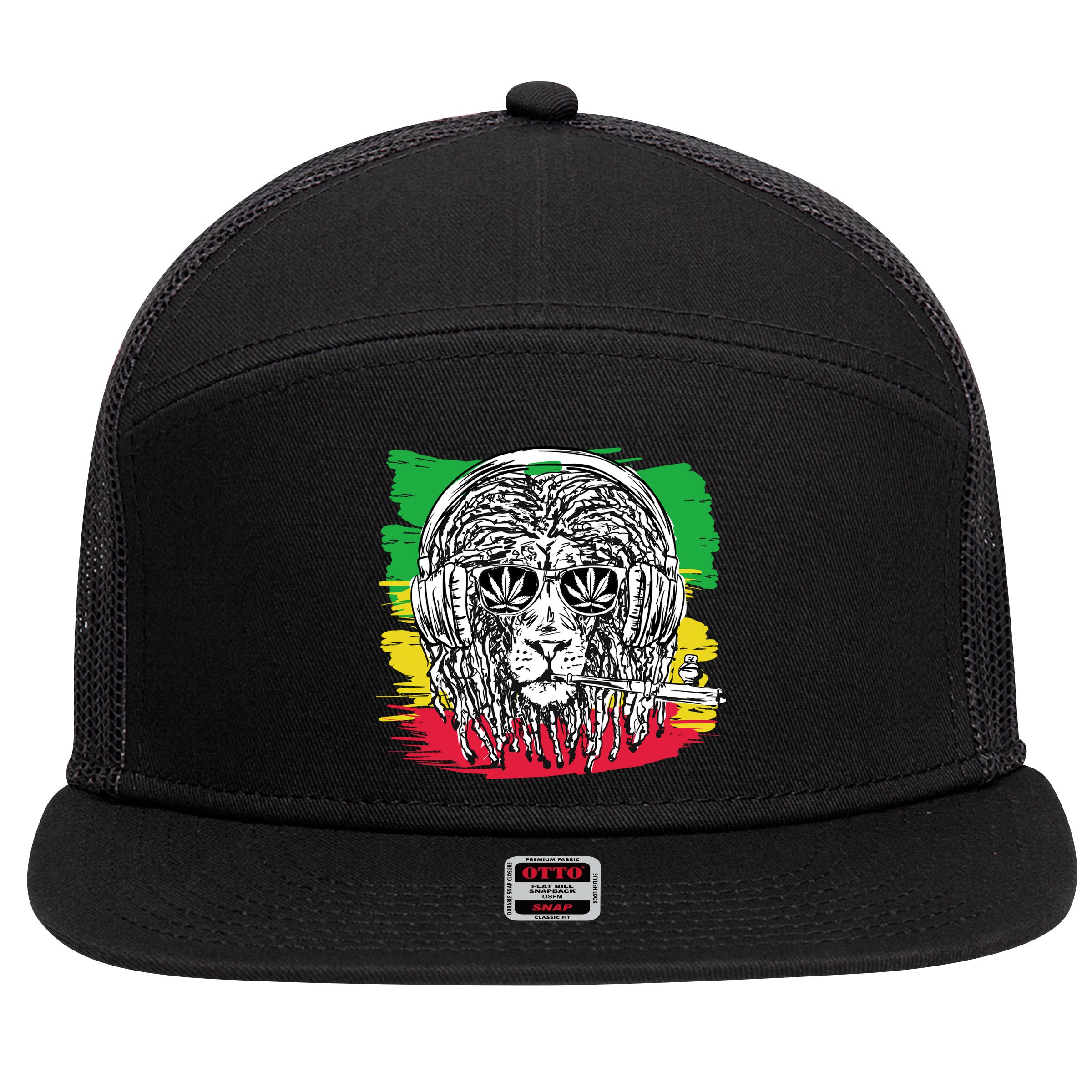 Rasta Lion With Glasses Smoking A Joint 7 Panel Mesh Trucker Snapback Hat