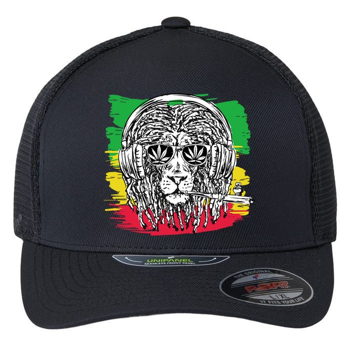 Rasta Lion With Glasses Smoking A Joint Flexfit Unipanel Trucker Cap