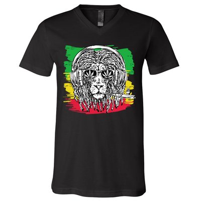Rasta Lion With Glasses Smoking A Joint V-Neck T-Shirt