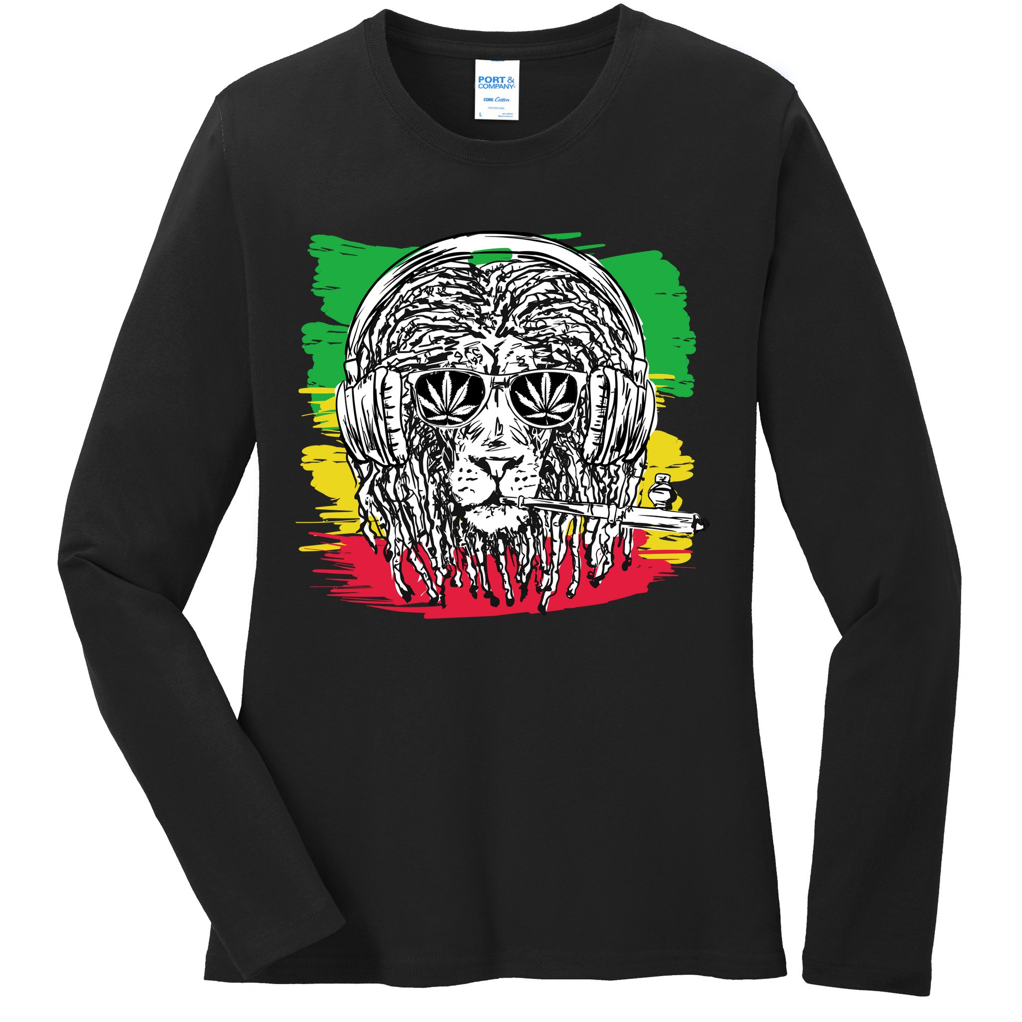 Rasta Lion With Glasses Smoking A Joint Ladies Long Sleeve Shirt