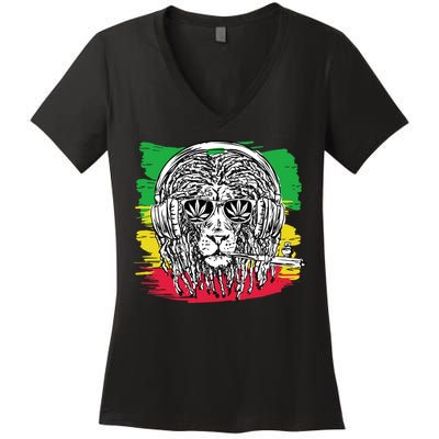 Rasta Lion With Glasses Smoking A Joint Women's V-Neck T-Shirt