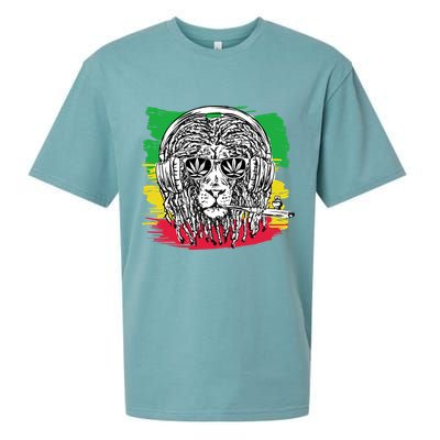 Rasta Lion With Glasses Smoking A Joint Sueded Cloud Jersey T-Shirt