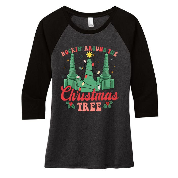 Rockin Around The Xmas Tree Nurse Respiratory Therapist Women's Tri-Blend 3/4-Sleeve Raglan Shirt