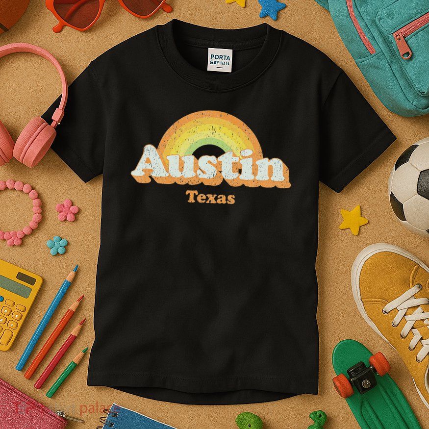Retro Austin Texas Tx Vintage 70s Rainbow Design Kids T-Shirt