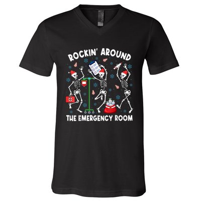 Rockin Around The Emergency Room Skeleton Er Nurse Xmas V-Neck T-Shirt