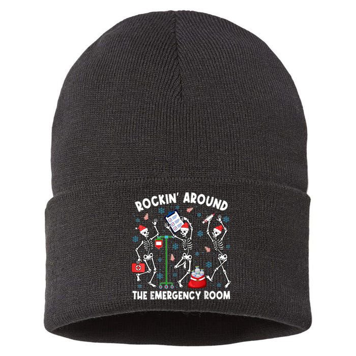 Rockin Around The Emergency Room Skeleton Er Nurse Xmas Sustainable Knit Beanie