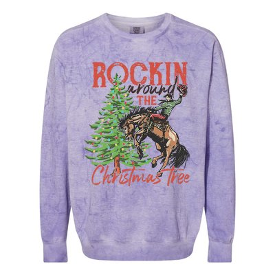 Rocking Around The Christmas Tree Christmas Cowboy Horse Colorblast Crewneck Sweatshirt