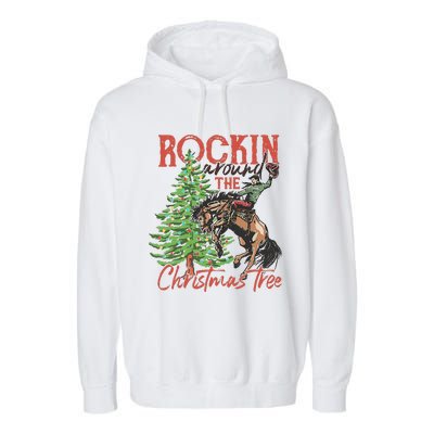 Rocking Around The Christmas Tree Christmas Cowboy Horse Garment-Dyed Fleece Hoodie