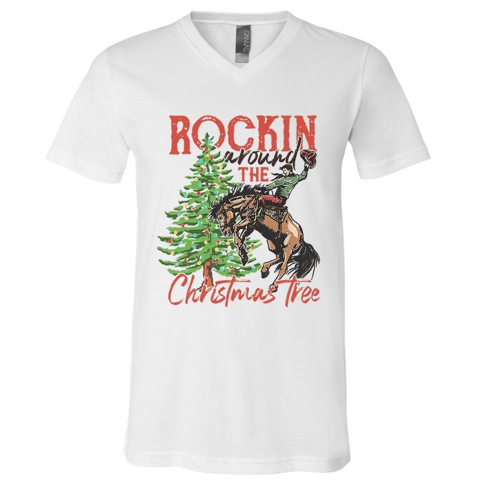 Rocking Around The Christmas Tree Christmas Cowboy Horse V-Neck T-Shirt