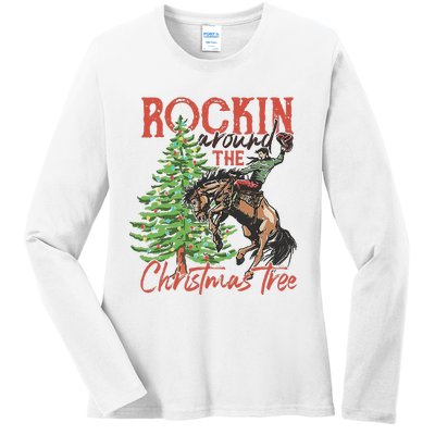 Rocking Around The Christmas Tree Christmas Cowboy Horse Ladies Long Sleeve Shirt