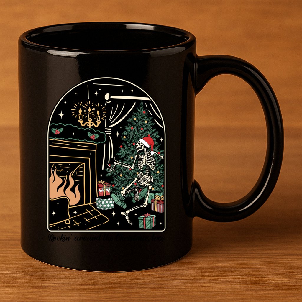 Rockin Around The Christmas Tree Skeleton Dancing Costume Gift 11oz C Handle Ceramic Mug