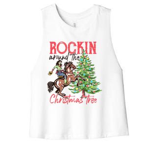 Rockin Around The Christmas Tree Western Cowboy Cowgirl Women's Racerback Cropped Tank