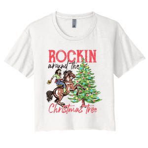 Rockin Around The Christmas Tree Western Cowboy Cowgirl Women's Crop Top Tee