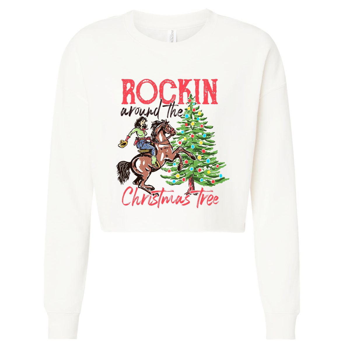 Rockin Around The Christmas Tree Western Cowboy Cowgirl Cropped Pullover Crew