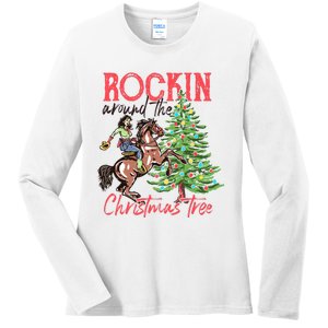 Rockin Around The Christmas Tree Western Cowboy Cowgirl Ladies Long Sleeve Shirt