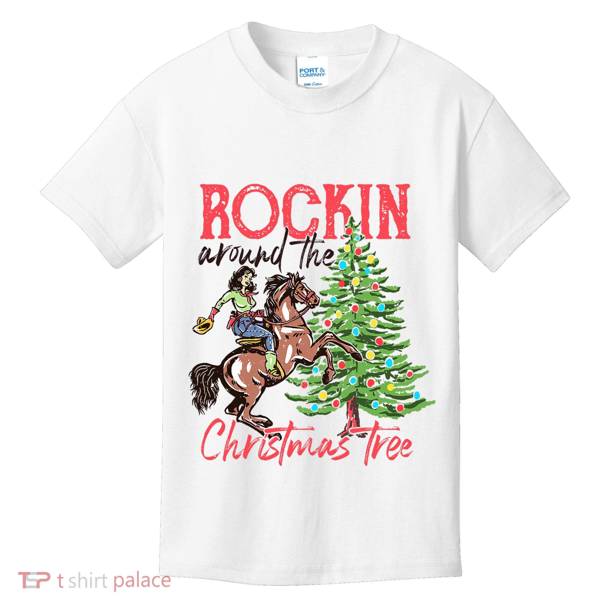 Rockin Around The Christmas Tree Western Cowboy Cowgirl Kids T-Shirt