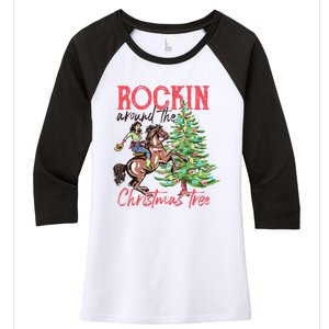 Rockin Around The Christmas Tree Western Cowboy Cowgirl Women's Tri-Blend 3/4-Sleeve Raglan Shirt