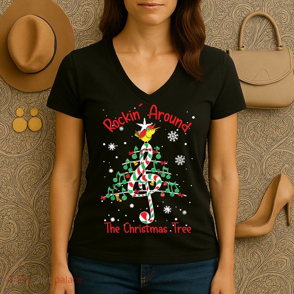 Rockin Around The Christmas Tree Music Note Music Teacher Women's V-Neck T-Shirt