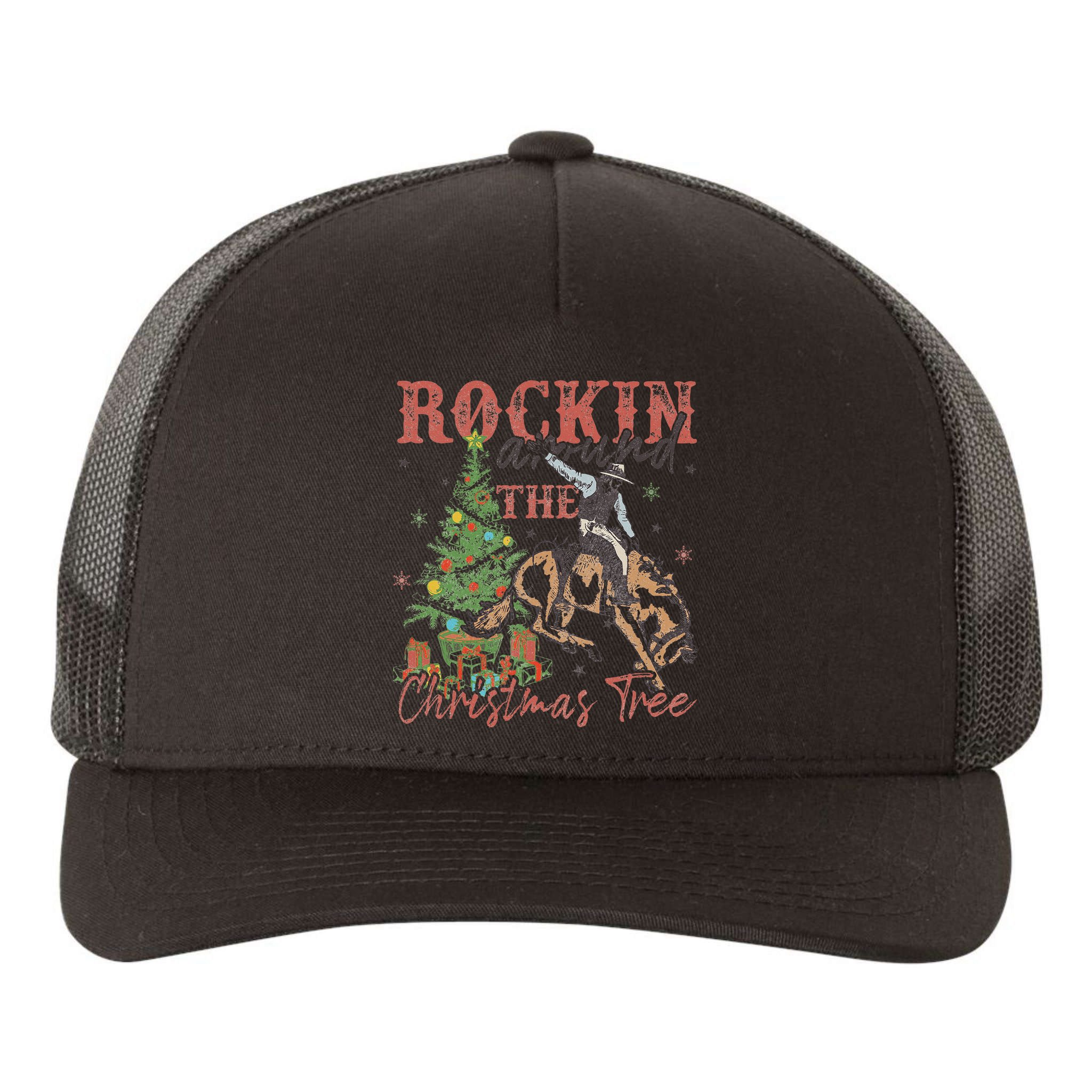 Rockin Around The Christmas Tree Cowboy Western Yupoong Adult 5-Panel Trucker Hat