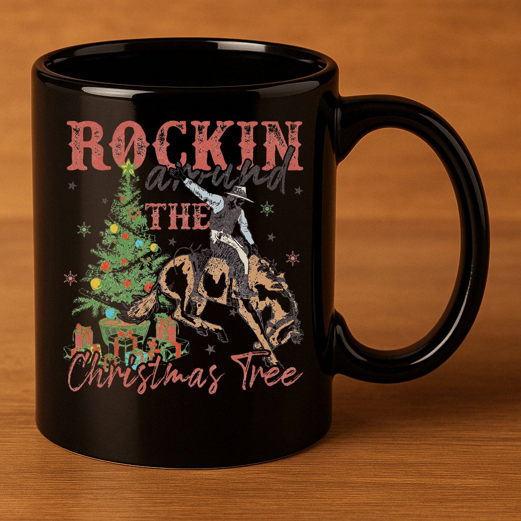 Rockin Around The Christmas Tree Cowboy Western 11oz C Handle Ceramic Mug