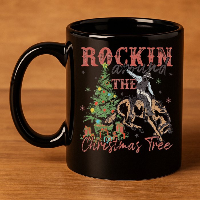 Rockin Around The Christmas Tree Cowboy Western 11oz C Handle Ceramic Mug