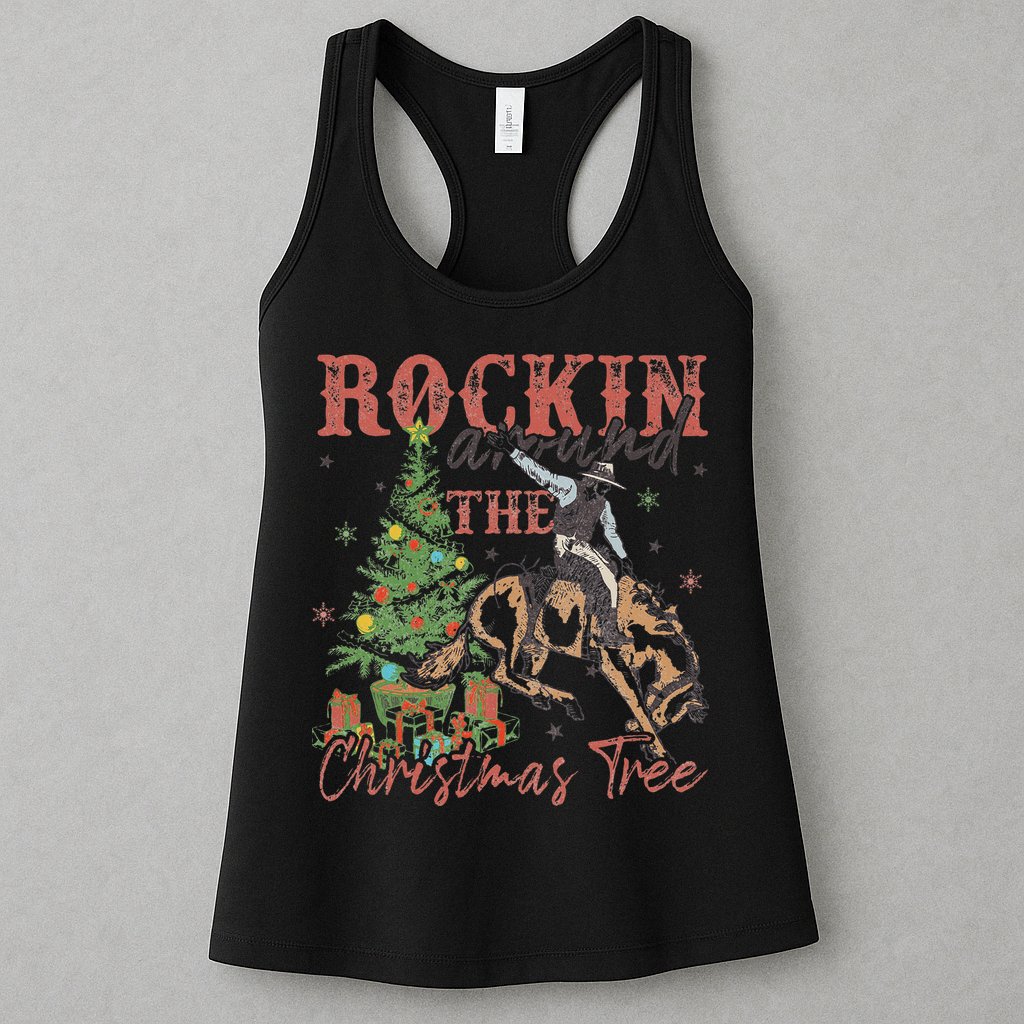 Rockin Around The Christmas Tree Cowboy Western Womens Tank Top