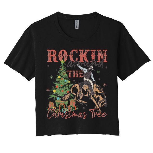 Rockin Around The Christmas Tree Cowboy Western Women's Crop Top Tee