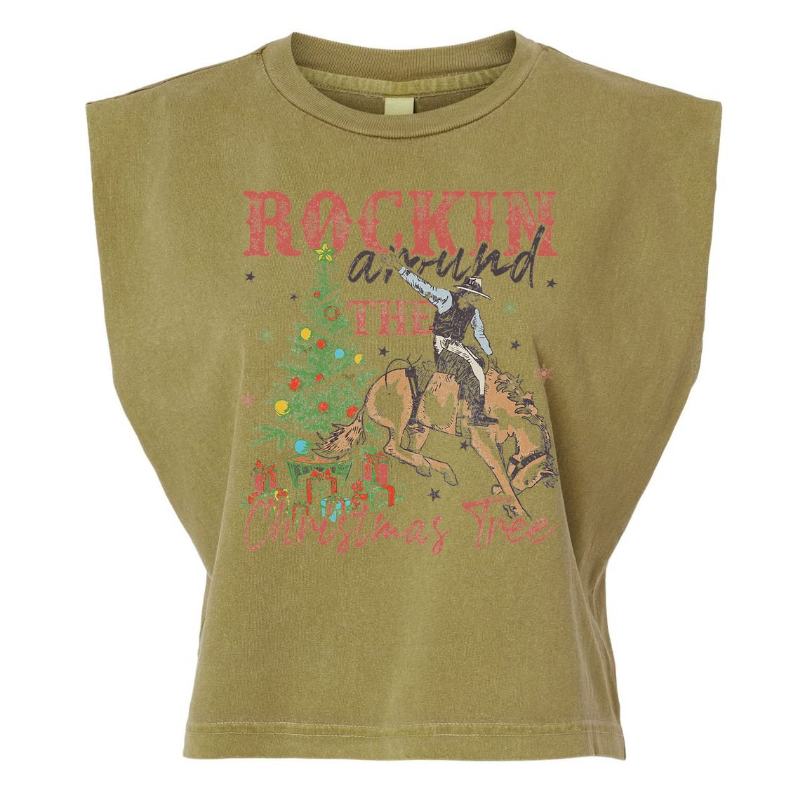 Rockin Around The Christmas Tree Cowboy Western Garment-Dyed Women's Muscle Tee