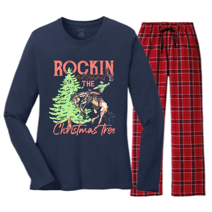 Rockin' Around The Christmas Tree Cowboy Santa Ride Horse Women's Long Sleeve Flannel Pajama Set 