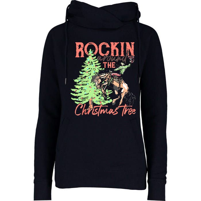 Rockin' Around The Christmas Tree Cowboy Santa Ride Horse Womens Funnel Neck Pullover Hood