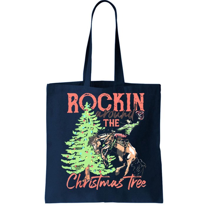 Rockin' Around The Christmas Tree Cowboy Santa Ride Horse Tote Bag