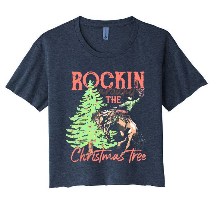 Rockin' Around The Christmas Tree Cowboy Santa Ride Horse Women's Crop Top Tee