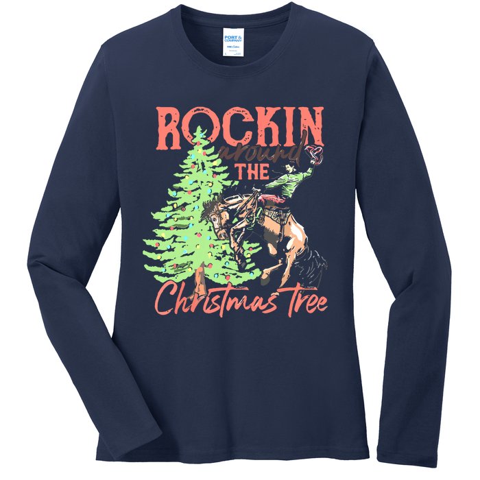 Rockin' Around The Christmas Tree Cowboy Santa Ride Horse Ladies Long Sleeve Shirt