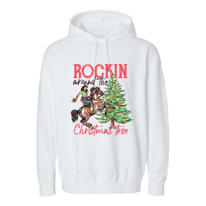 Rockin Around The Christmas Tree Western Cowboy Cowgirl Garment-Dyed Fleece Hoodie