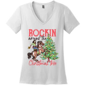 Rockin Around The Christmas Tree Western Cowboy Cowgirl Women's V-Neck T-Shirt