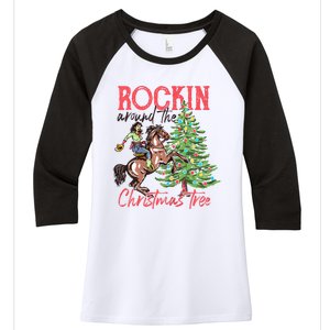 Rockin Around The Christmas Tree Western Cowboy Cowgirl Women's Tri-Blend 3/4-Sleeve Raglan Shirt