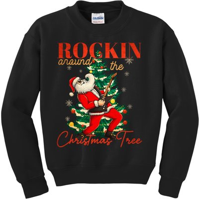 Rocking Around The Christmas Tree Santa Rock And Roll Guitar Kids Sweatshirt