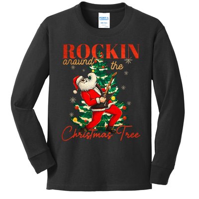 Rocking Around The Christmas Tree Santa Rock And Roll Guitar Kids Long Sleeve Shirt