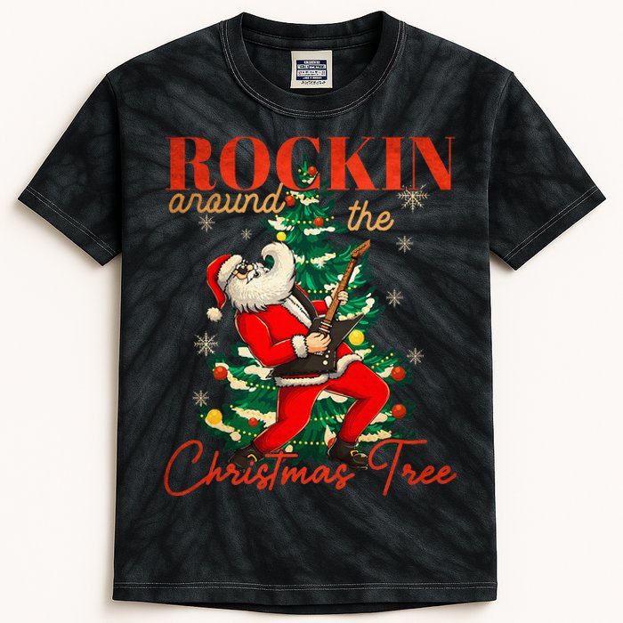 Rocking Around The Christmas Tree Santa Rock And Roll Guitar Kids Tie-Dye T-Shirt