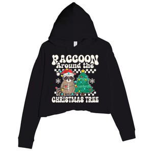 Raccoon Around The Christmas Tree Raccoon Lover Funny Crop Fleece Hoodie