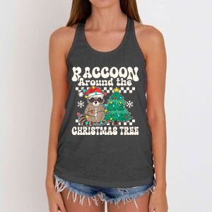 Raccoon Around The Christmas Tree Raccoon Lover Funny Women's Knotted Racerback Tank